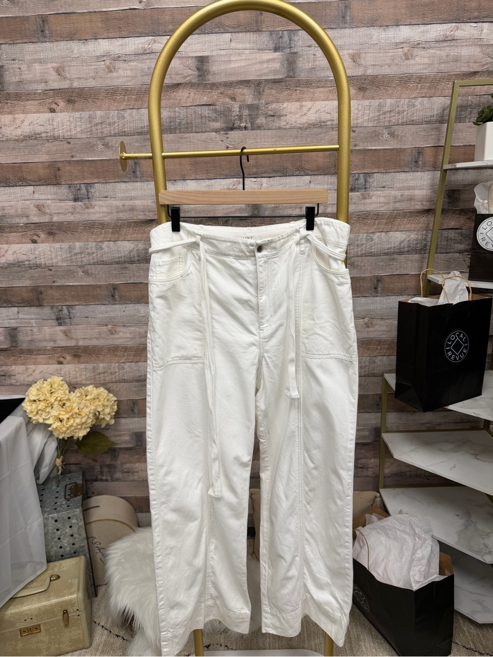 LOFT White Wide-Leg Pants with Drawstring Waist